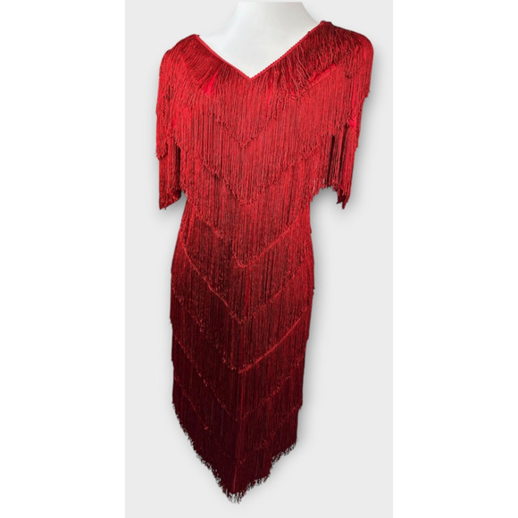 VTG 70s 80s Mister Jay Fringe Dress Red V-Neck No Size Party Holiday Flapper L - Picture 2 of 15